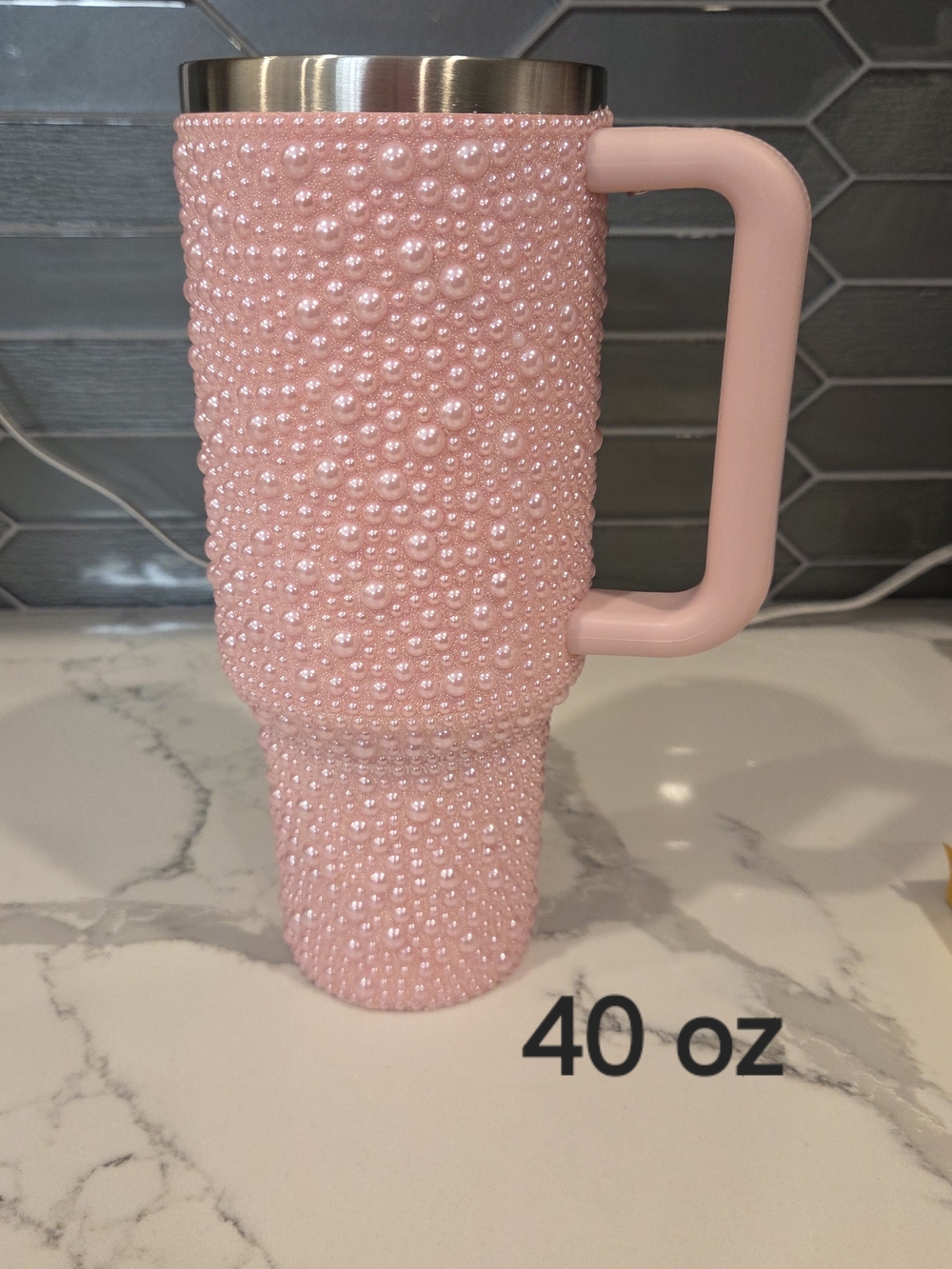 NEW Custom Bling Glam Pink Pearl 40 oz Tumbler Handle Insulated Travel Mug